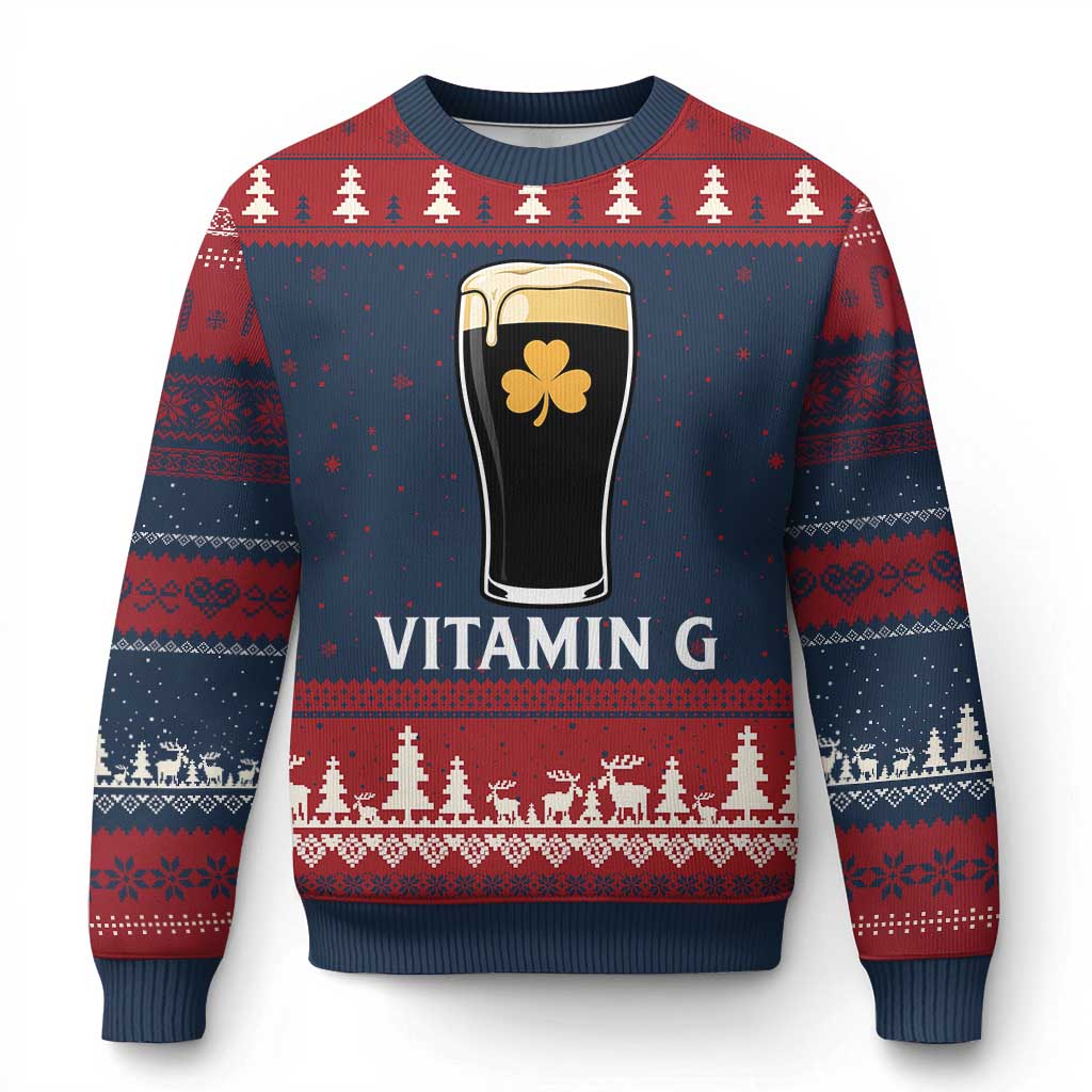 Vitamin G Funny Irish Stout Beer Ugly Christmas Sweater St. Patrick’s Day Drinking Humor TS02 Navy Red Print Your Wear