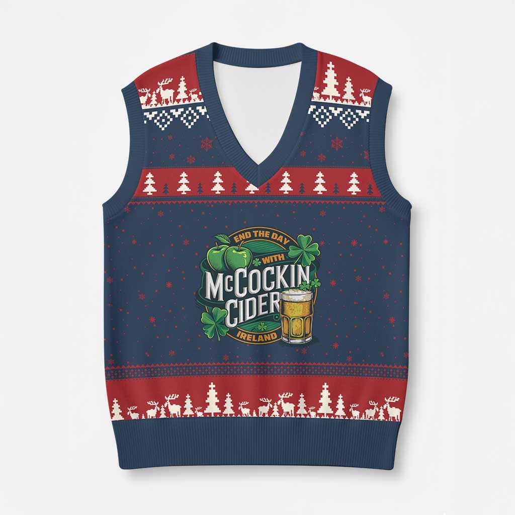 End the Day with McCockin Cider V-Neck Knit Sweater Vest Funny Irish Drinking Apple Cider St Patricks Day Adult Humor TS02 Navy Red Print Your Wear