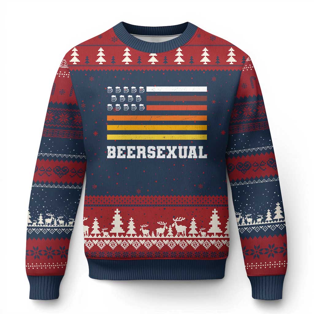 Beersexual Funny Beer Lover Graphic Ugly Christmas Sweater Vintage American Flag Parody