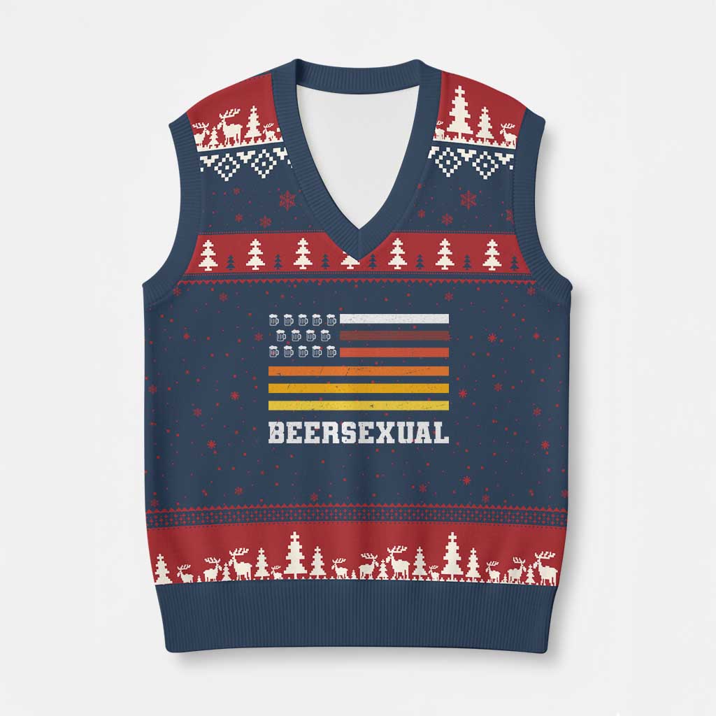 Beersexual Funny Beer Lover Graphic V-Neck Knit Sweater Vest Vintage American Flag Parody TS02 Navy Red Print Your Wear