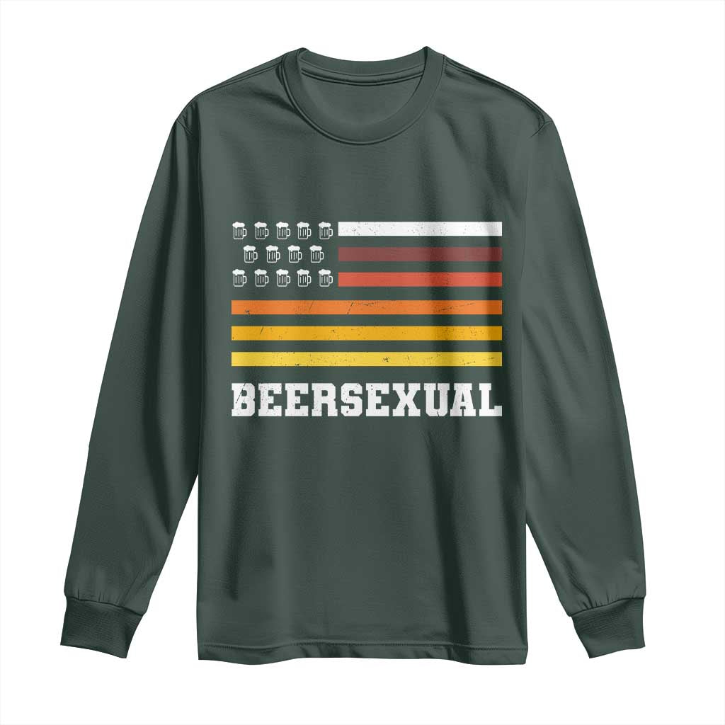 Beersexual Funny Beer Lover Graphic Long Sleeve Shirt Vintage American Flag Parody TS02 Dark Forest Green Print Your Wear