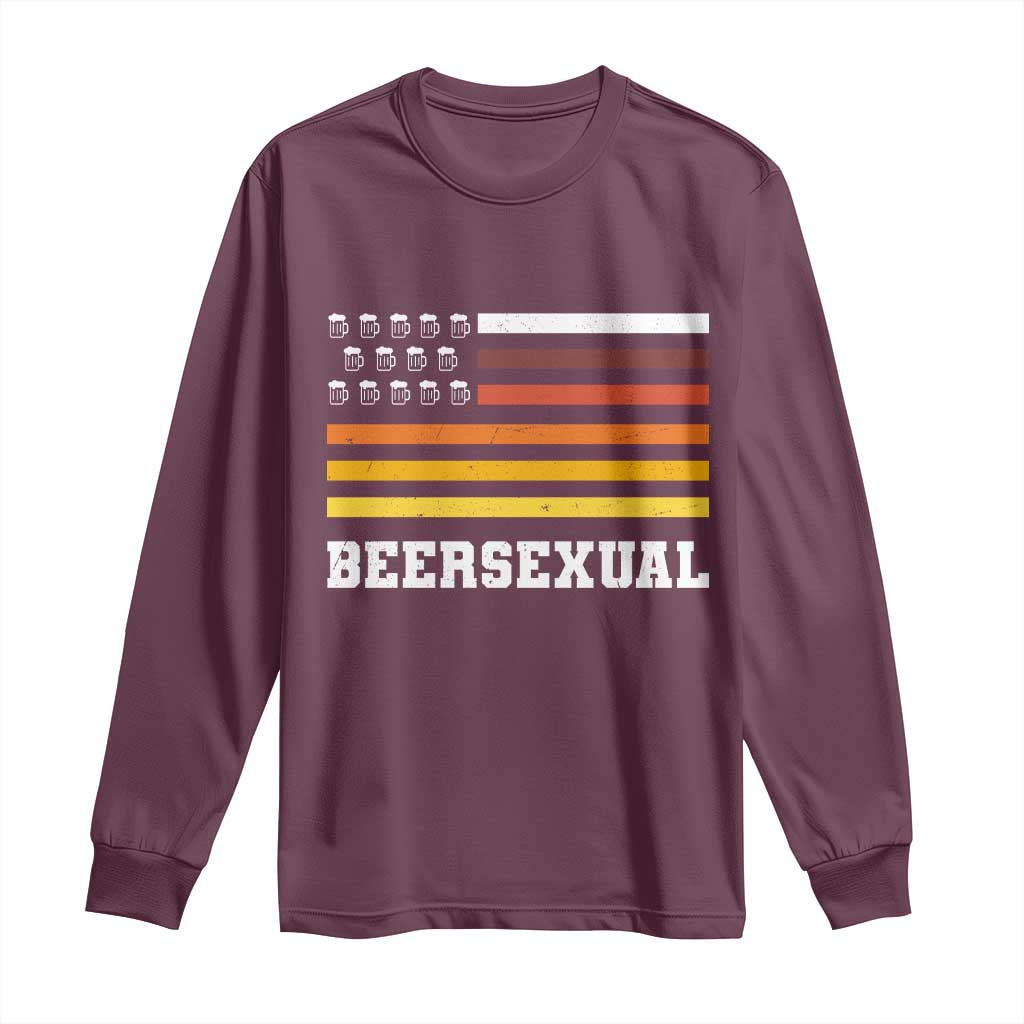 Beersexual Funny Beer Lover Graphic Long Sleeve Shirt Vintage American Flag Parody TS02 Maroon Print Your Wear