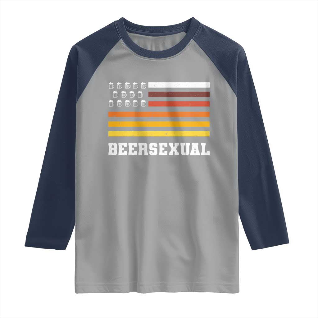 Beersexual Funny Beer Lover Graphic Raglan Shirt Vintage American Flag Parody TS02 Sport Gray Navy Print Your Wear