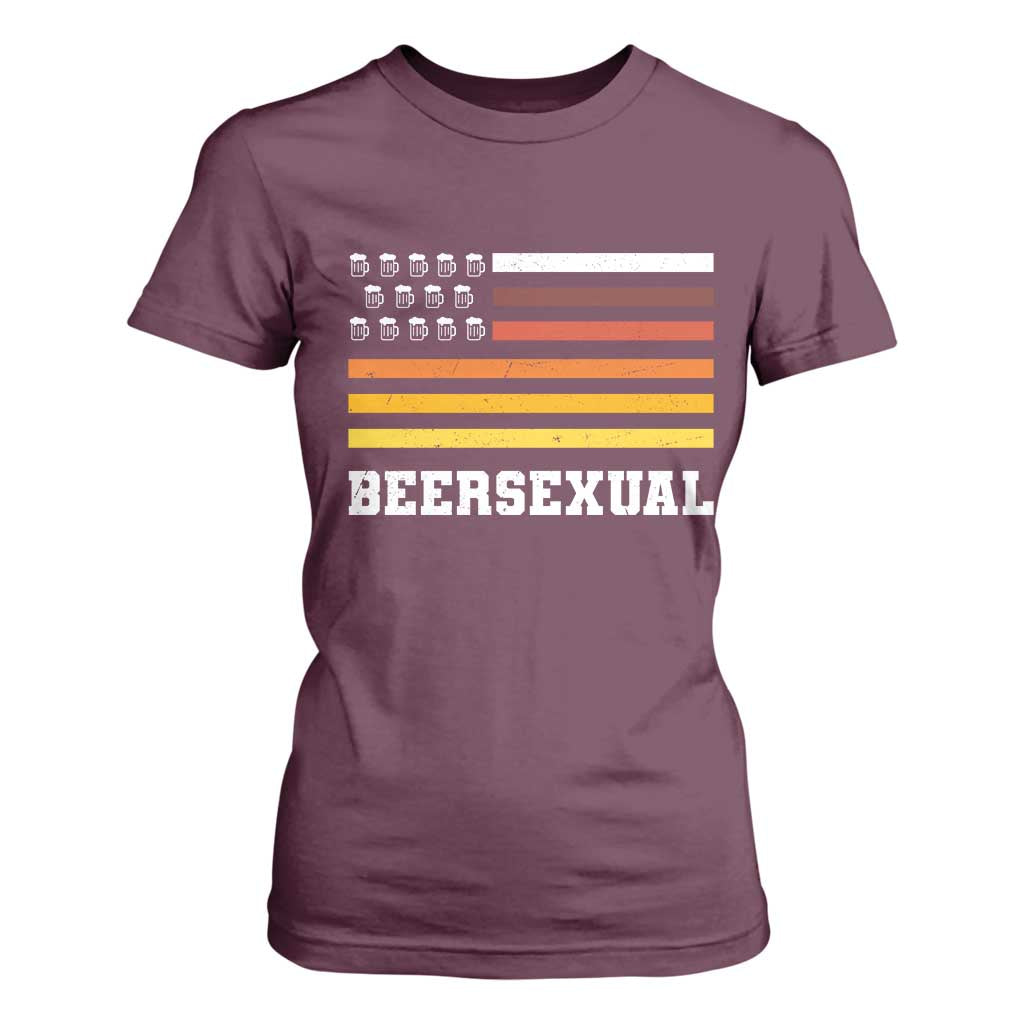 Beersexual Funny Beer Lover Graphic T Shirt For Women Vintage American Flag Parody TS02 Maroon Print Your Wear