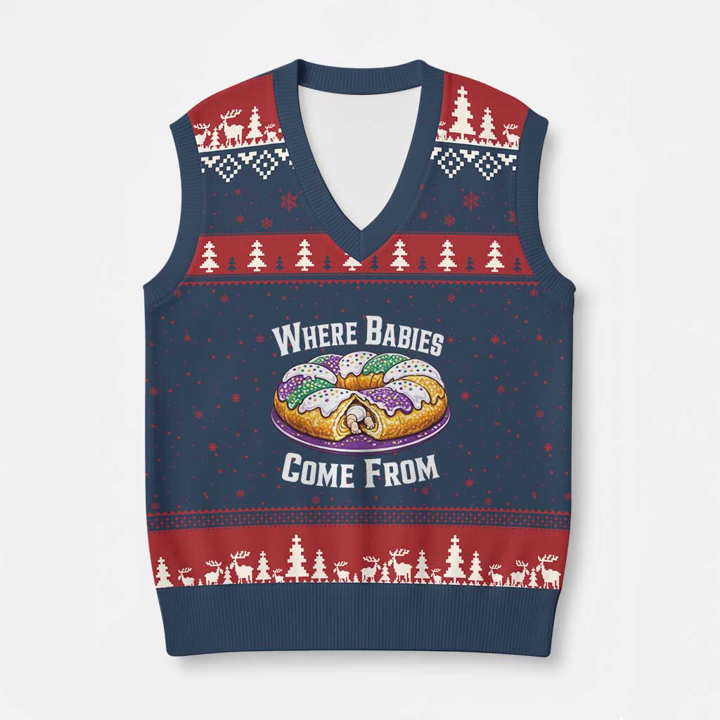 Funny Mardi Gras King Cake V-Neck Knit Sweater Vest Where Babies Come From Louisiana Humor TS02 Navy Red Print Your Wear