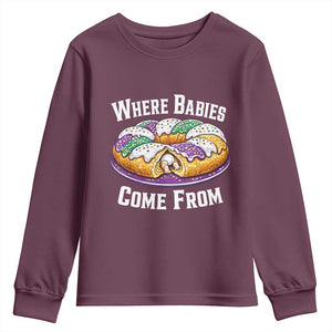Funny Mardi Gras King Cake Youth Sweatshirt Where Babies Come From Louisiana Humor TS02 Maroon Print Your Wear