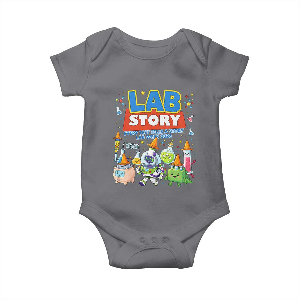 Lab Story Every Test Tells a Story Lab Week 2026 Baby Onesie Science Characters Lab Techs Medical Laboratory TS02 Charcoal Print Your Wear