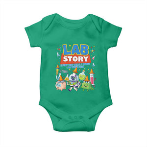 Lab Story Every Test Tells a Story Lab Week 2026 Baby Onesie Science Characters Lab Techs Medical Laboratory TS02 Irish Green Print Your Wear