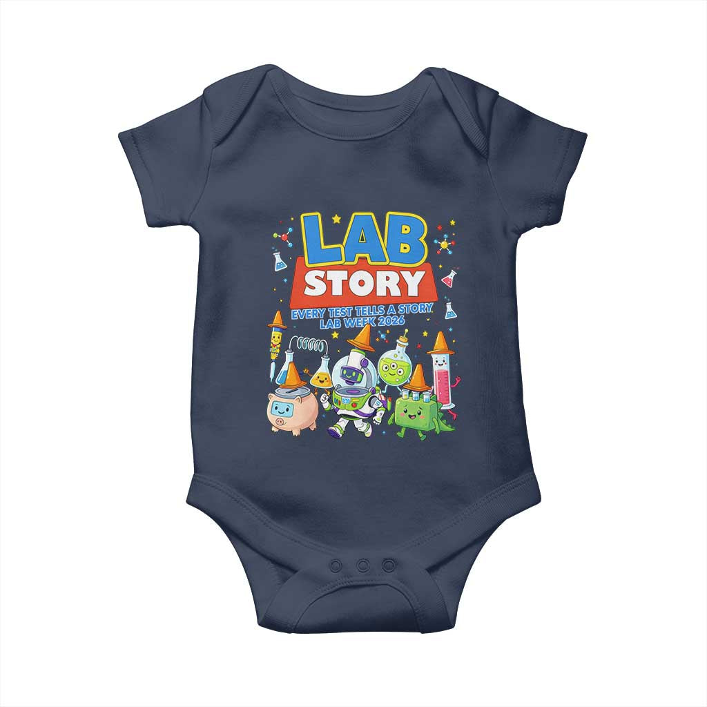 Lab Story Every Test Tells a Story Lab Week 2026 Baby Onesie Science Characters Lab Techs Medical Laboratory TS02 Navy Print Your Wear