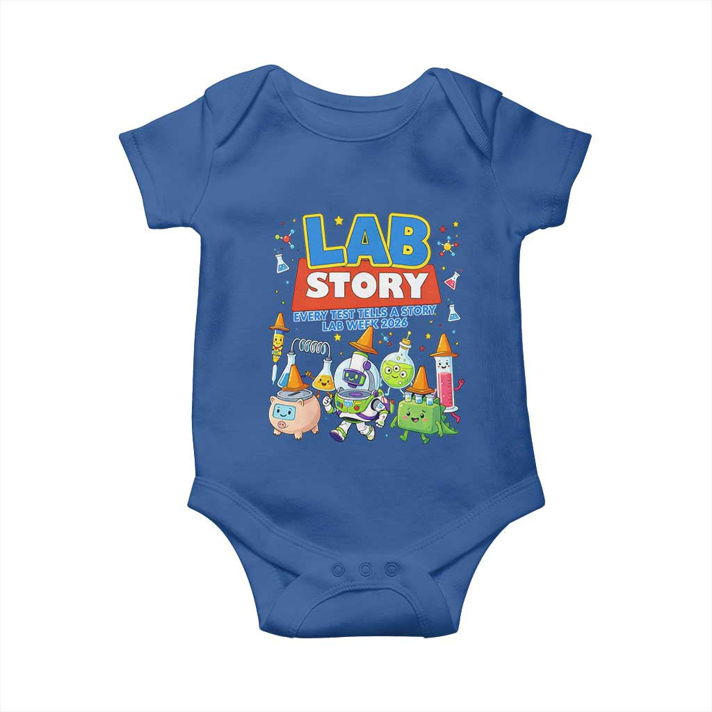 Lab Story Every Test Tells a Story Lab Week 2026 Baby Onesie Science Characters Lab Techs Medical Laboratory TS02 Royal Blue Print Your Wear