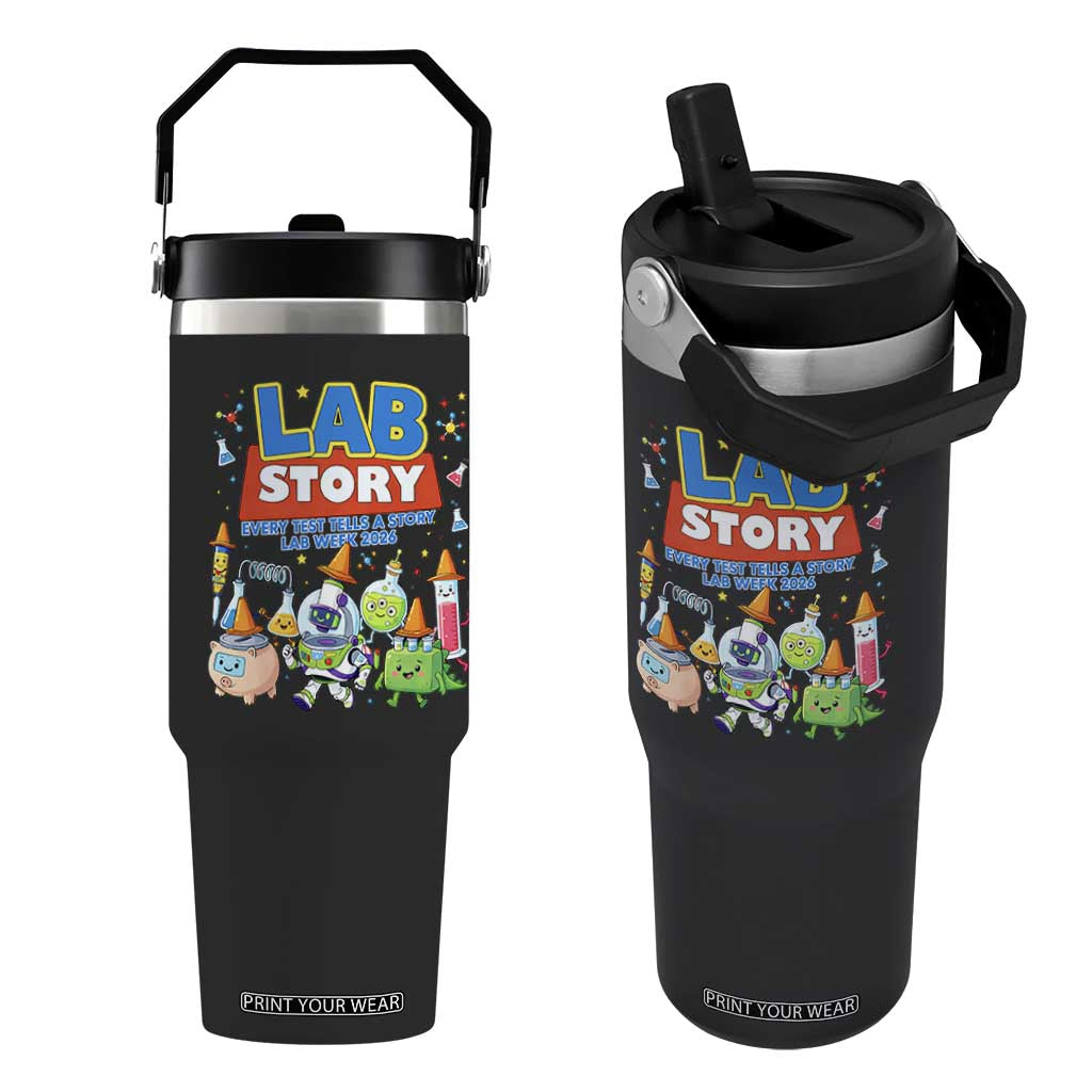 Lab Story Every Test Tells a Story Lab Week 2026 Flip Straw Tumbler Science Characters Lab Techs Medical Laboratory TS02 One Size: 30 oz Black Print Your Wear