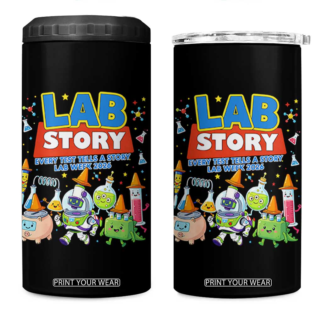 Lab Story Every Test Tells a Story Lab Week 2026 4 in 1 Can Cooler Tumbler Science Characters Lab Techs Medical Laboratory TS02 One Size: 16 oz Black Print Your Wear
