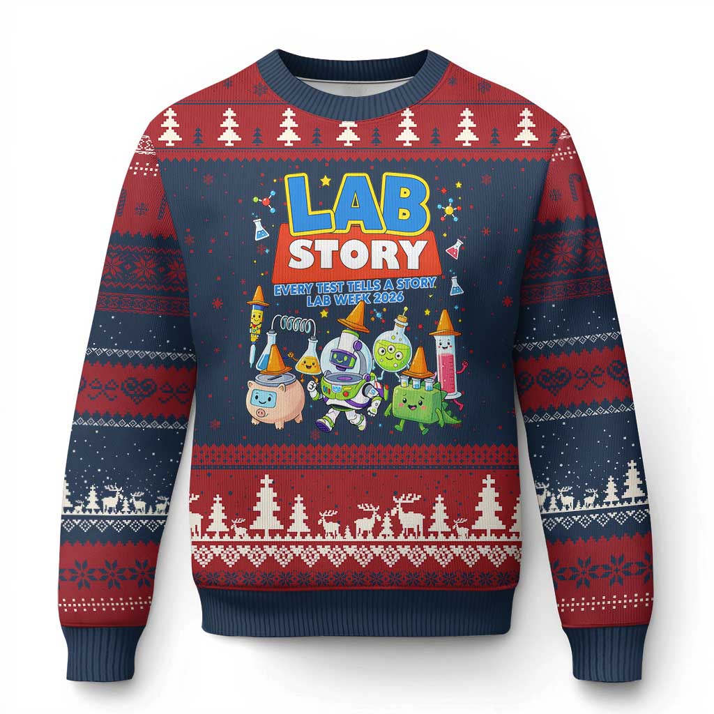 Lab Story Every Test Tells a Story Lab Week 2026 Ugly Christmas Sweater Science Characters Lab Techs Medical Laboratory TS02 Navy Red Print Your Wear