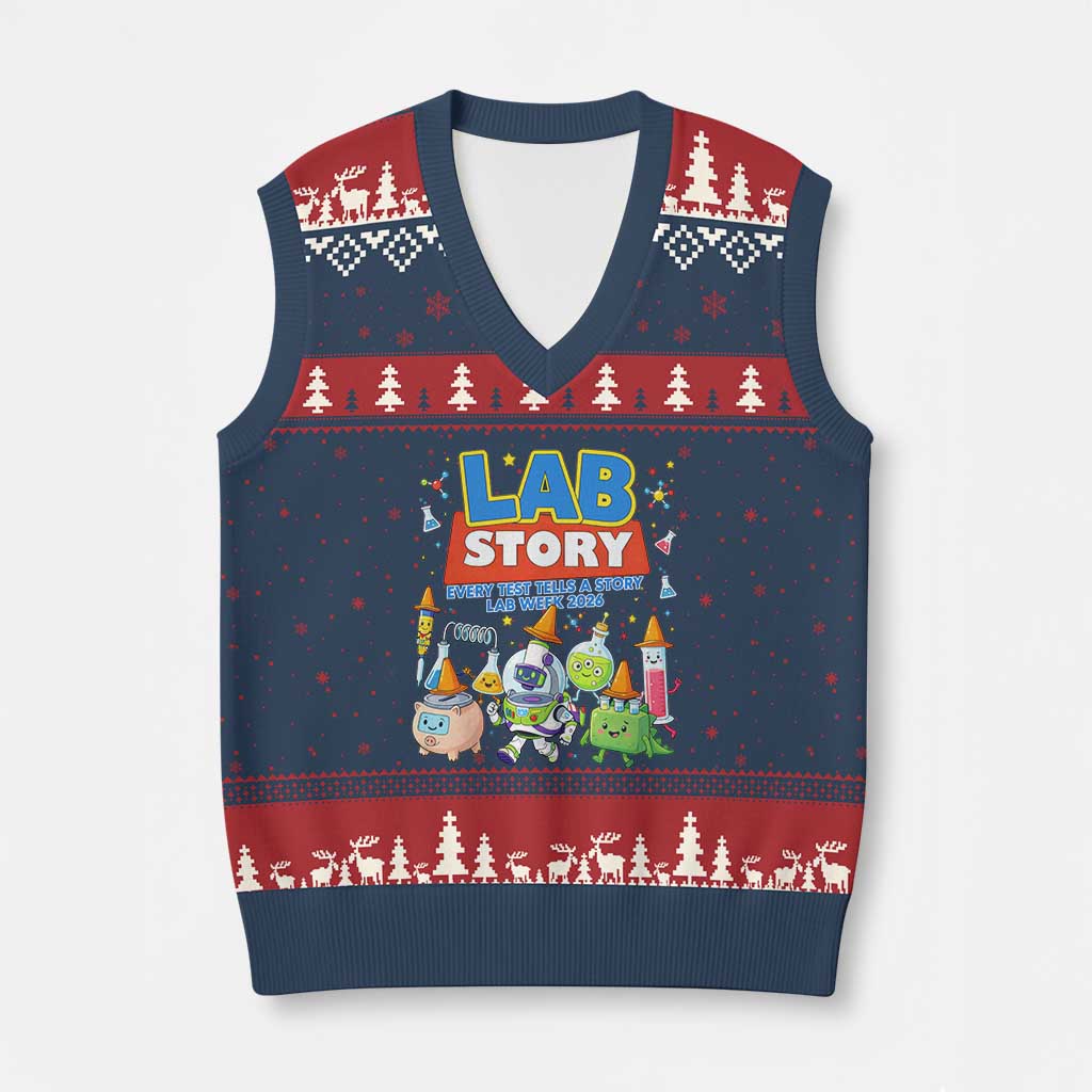 Lab Story Every Test Tells a Story Lab Week 2026 V-Neck Knit Sweater Vest Science Characters Lab Techs Medical Laboratory TS02 Navy Red Print Your Wear