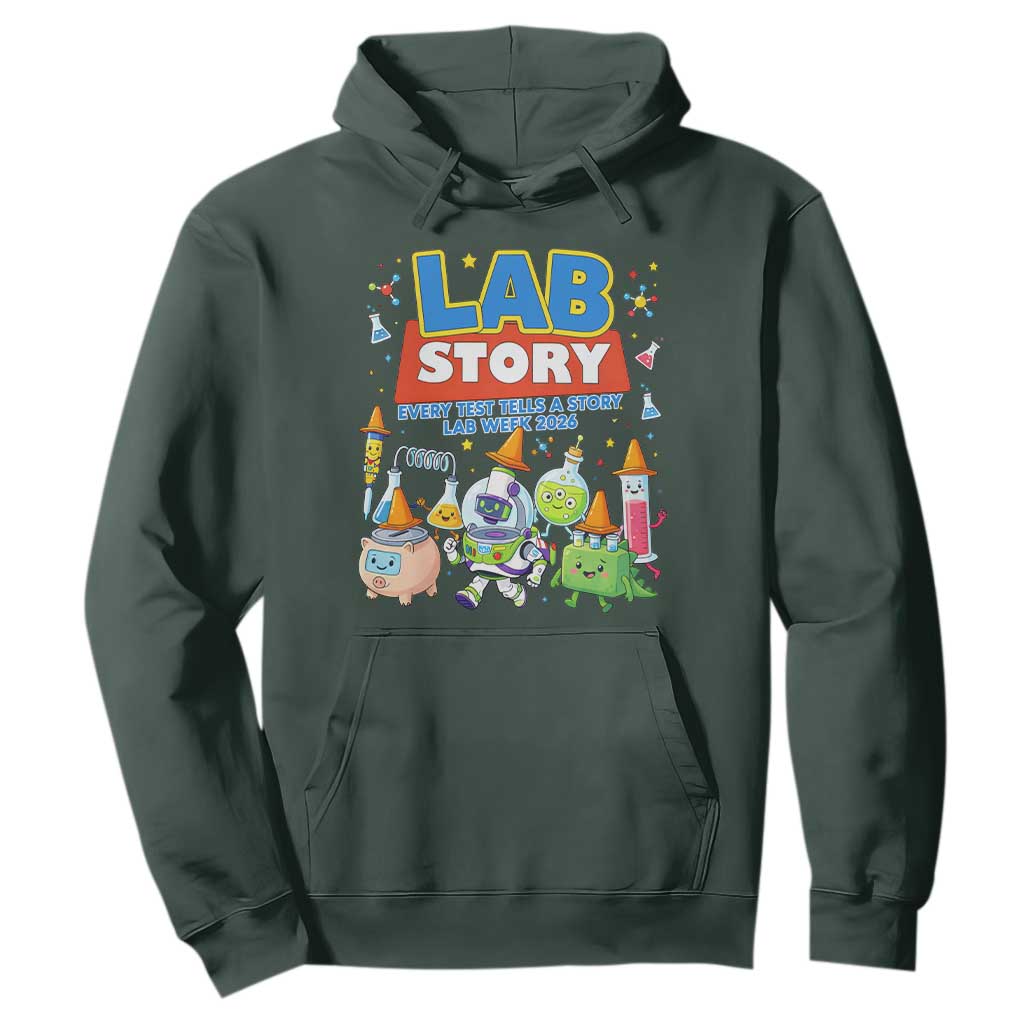 Lab Story Every Test Tells a Story Lab Week 2026 Hoodie Science Characters Lab Techs Medical Laboratory TS02 Dark Forest Green Print Your Wear