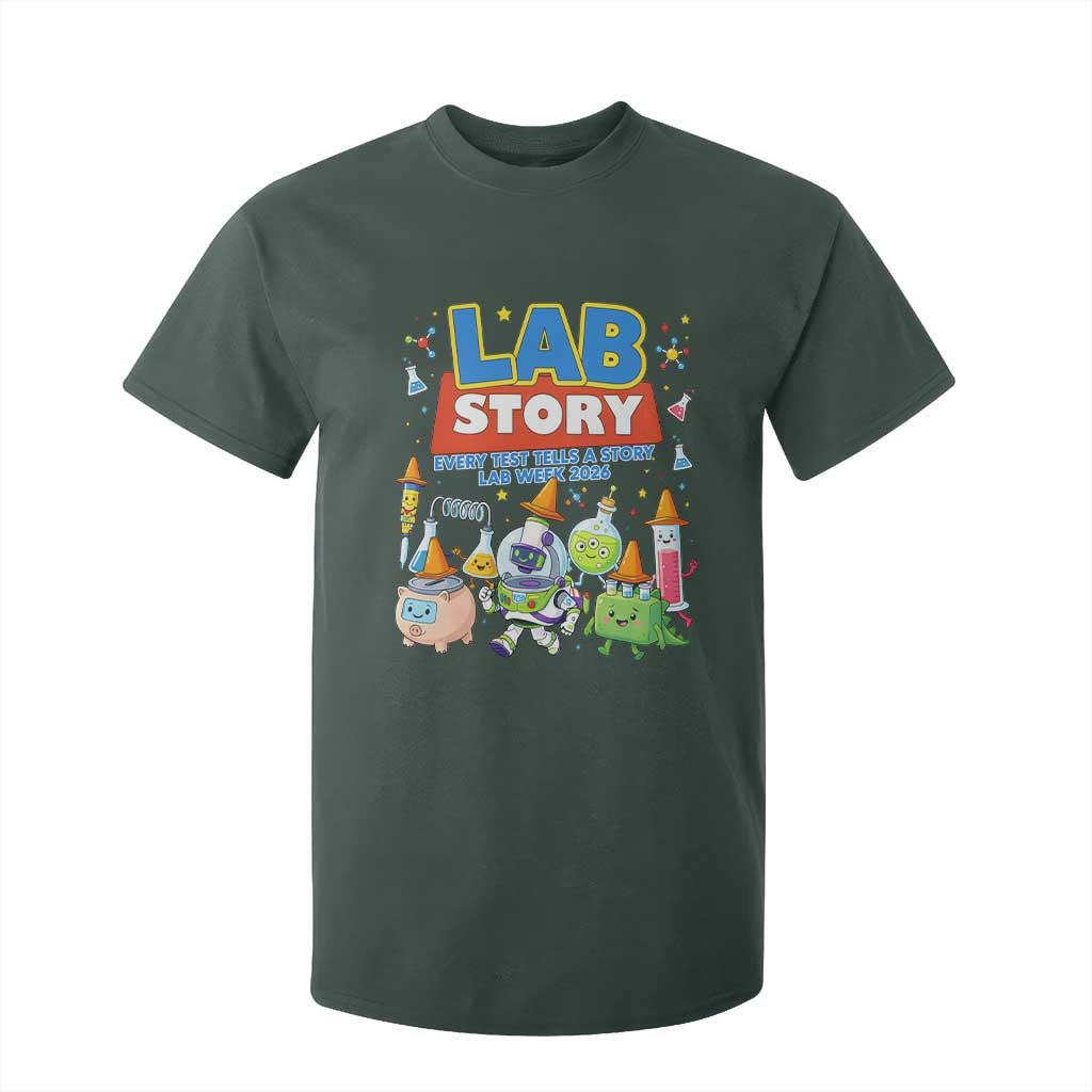 Lab Story Every Test Tells a Story Lab Week 2026 T Shirt For Kid - Science Characters Lab Techs Medical Laboratory TS02 Dark Forest Green Print Your Wear