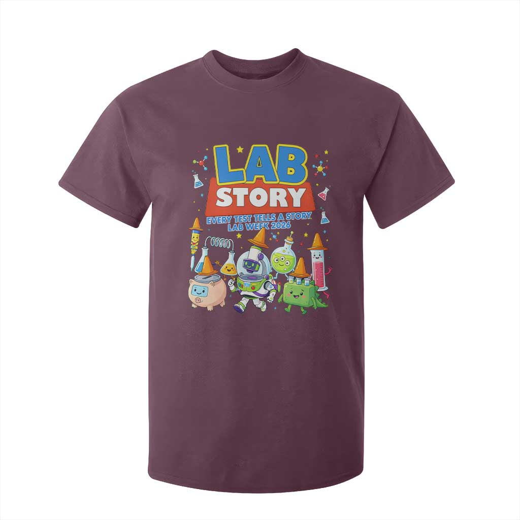 Lab Story Every Test Tells a Story Lab Week 2026 T Shirt For Kid - Science Characters Lab Techs Medical Laboratory TS02 Maroon Print Your Wear