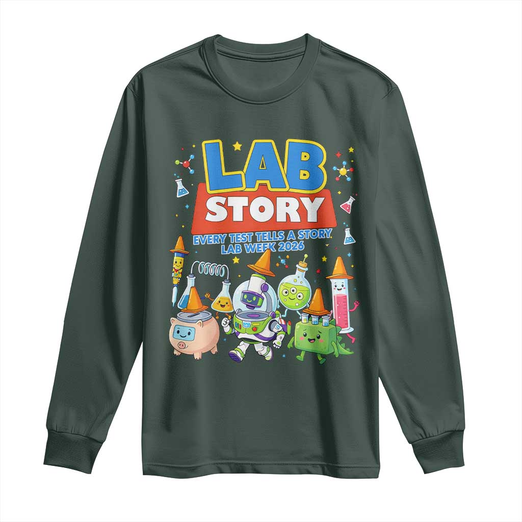 Lab Story Every Test Tells a Story Lab Week 2026 Long Sleeve Shirt Science Characters Lab Techs Medical Laboratory TS02 Dark Forest Green Print Your Wear