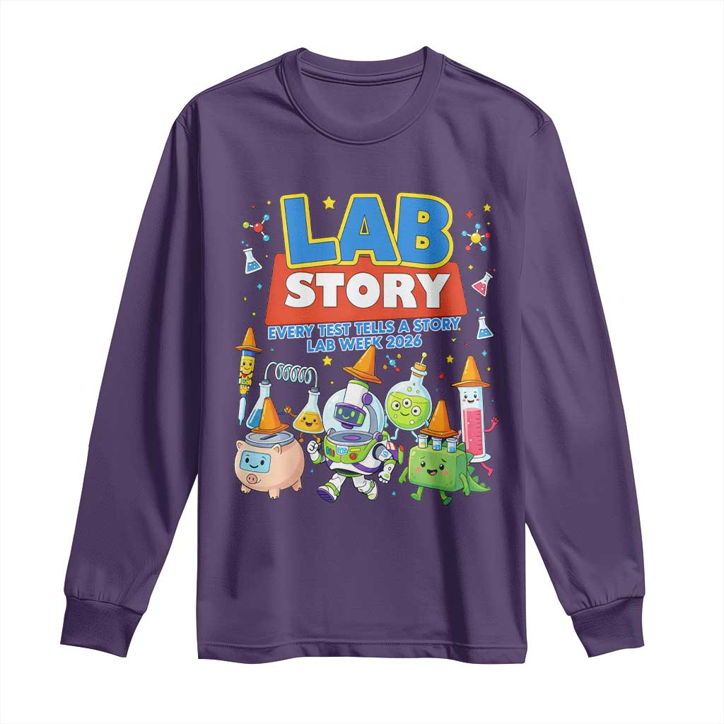 Lab Story Every Test Tells a Story Lab Week 2026 Long Sleeve Shirt Science Characters Lab Techs Medical Laboratory TS02 Purple Print Your Wear