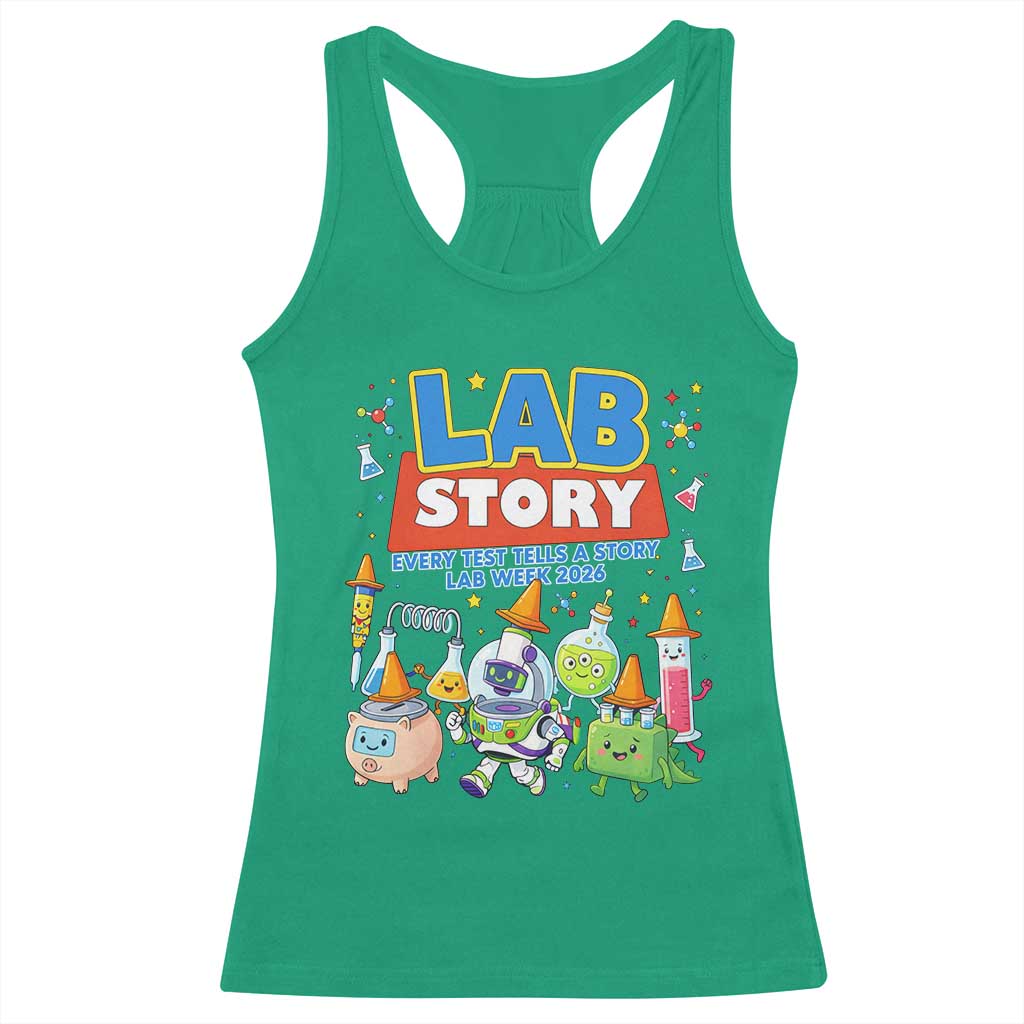 Lab Story Every Test Tells a Story Lab Week 2026 Racerback Tank Top Science Characters Lab Techs Medical Laboratory TS02 Irish Green Print Your Wear