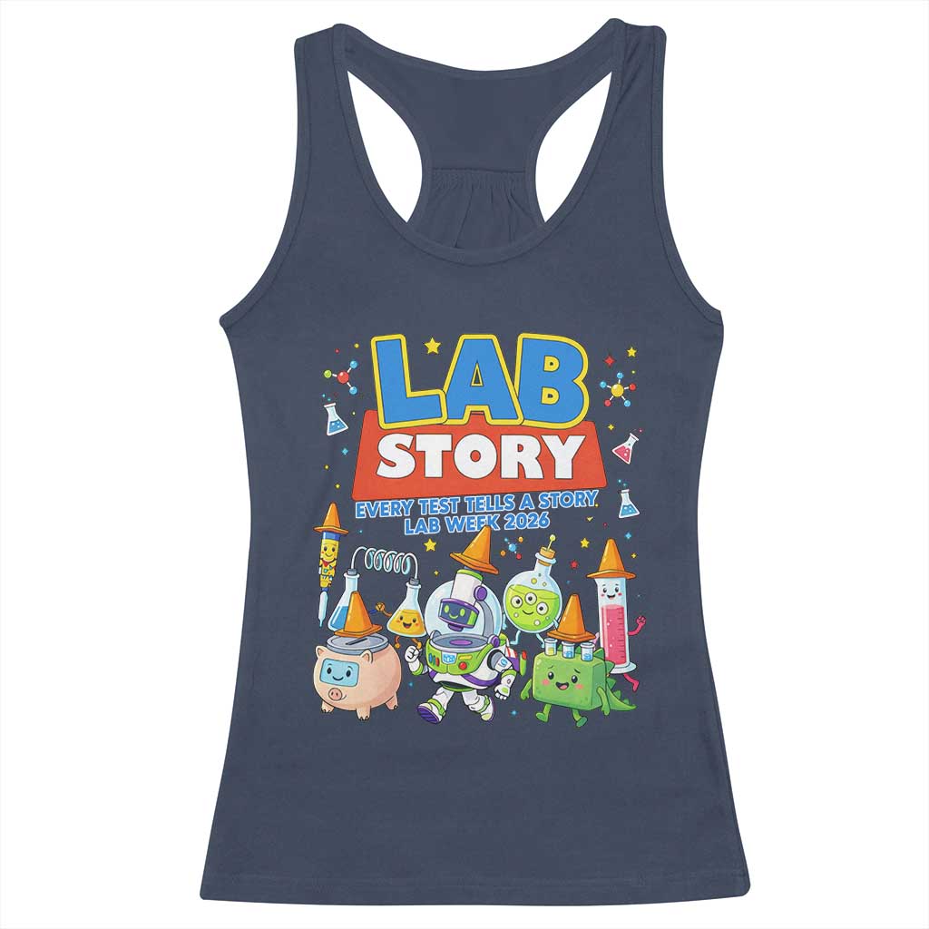 Lab Story Every Test Tells a Story Lab Week 2026 Racerback Tank Top Science Characters Lab Techs Medical Laboratory TS02 Navy Print Your Wear