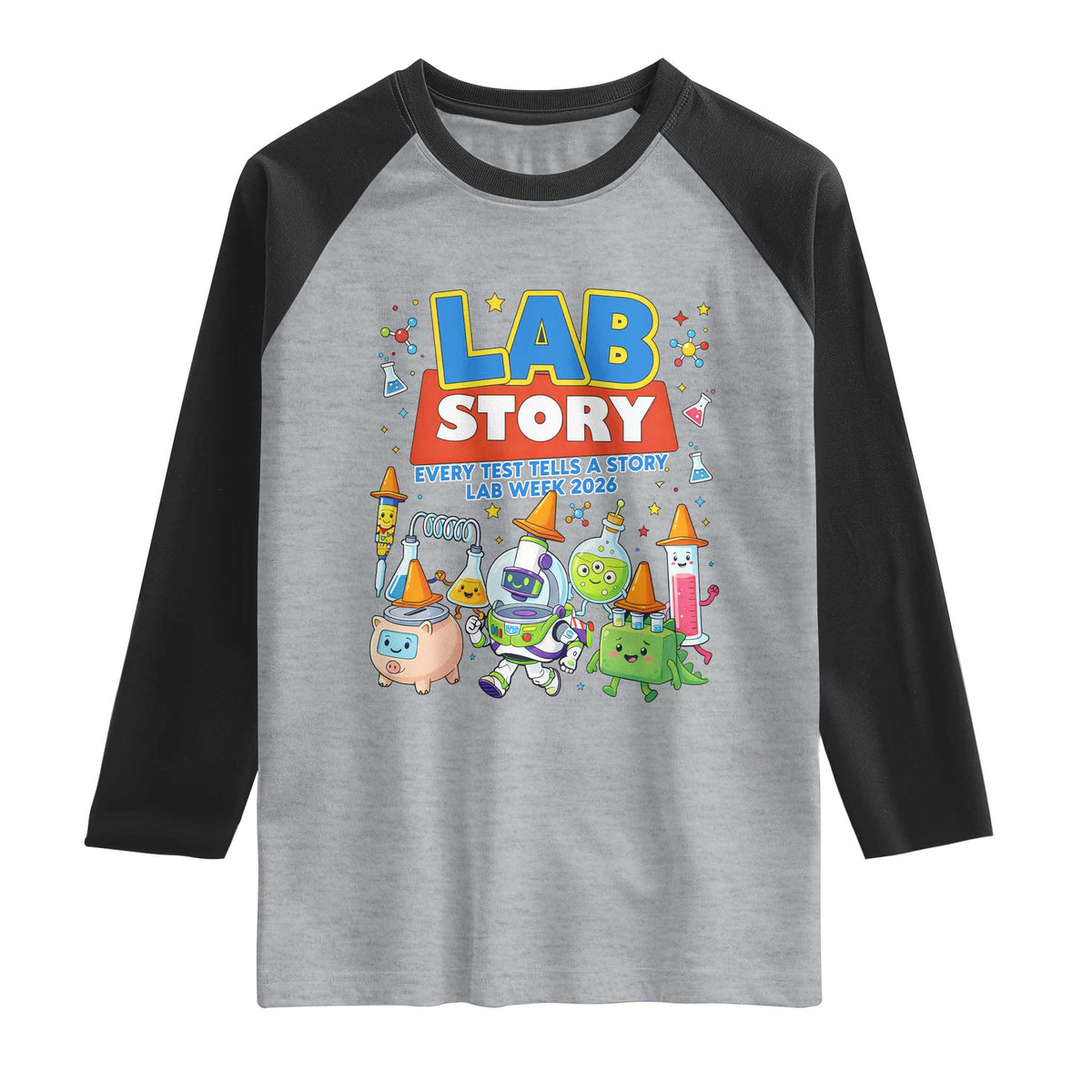 Lab Story Every Test Tells a Story Lab Week 2026 Raglan Shirt Science Characters Lab Techs Medical Laboratory TS02 Heather Gray Black Print Your Wear