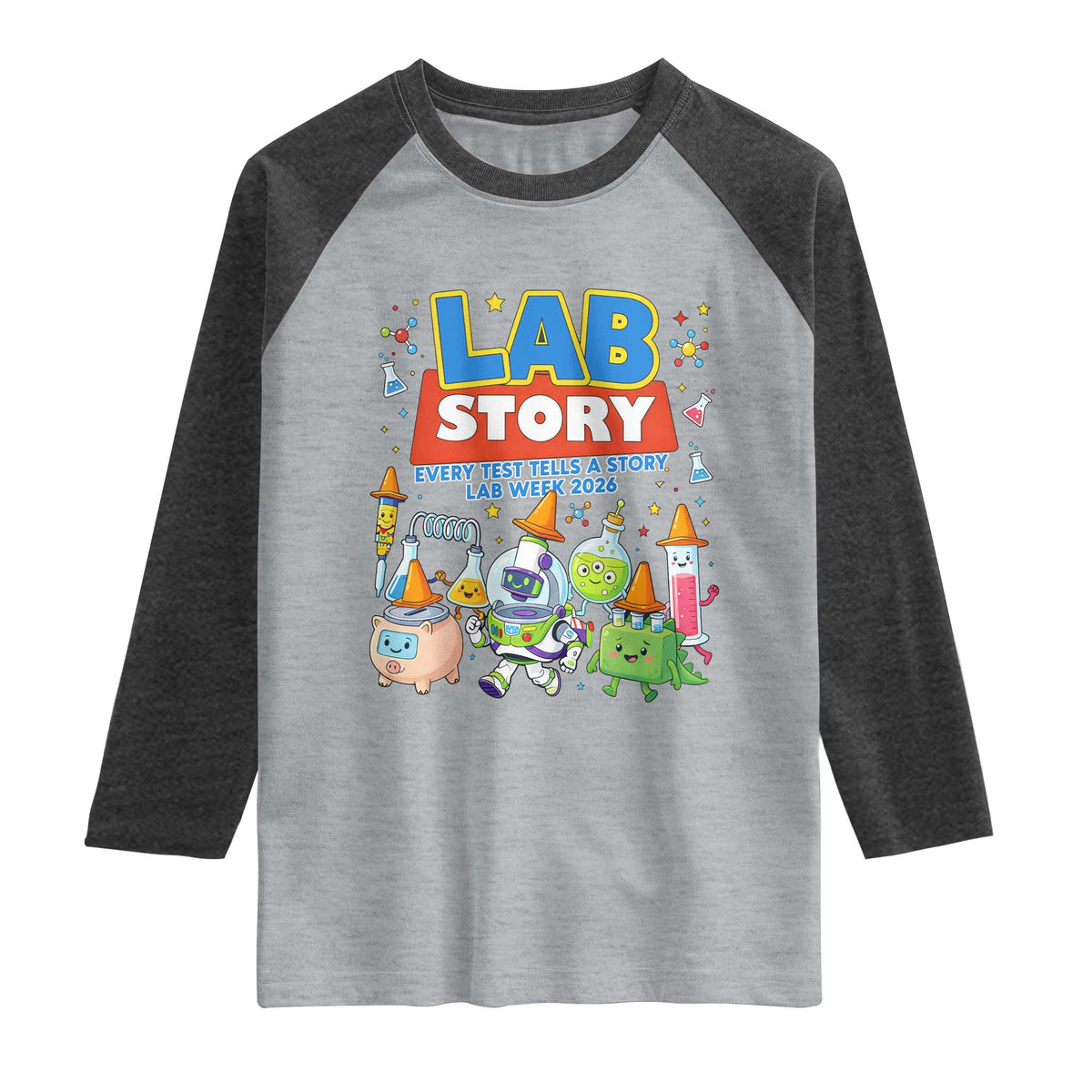 Lab Story Every Test Tells a Story Lab Week 2026 Raglan Shirt Science Characters Lab Techs Medical Laboratory TS02 Heather Gray Heather Charcoal Print Your Wear