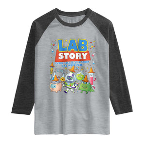 Lab Story Every Test Tells a Story Lab Week 2026 Raglan Shirt Science Characters Lab Techs Medical Laboratory TS02 Heather Gray Heather Charcoal Print Your Wear
