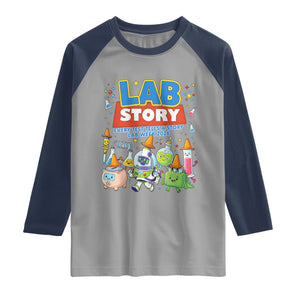 Lab Story Every Test Tells a Story Lab Week 2026 Raglan Shirt Science Characters Lab Techs Medical Laboratory TS02 Sport Gray Navy Print Your Wear