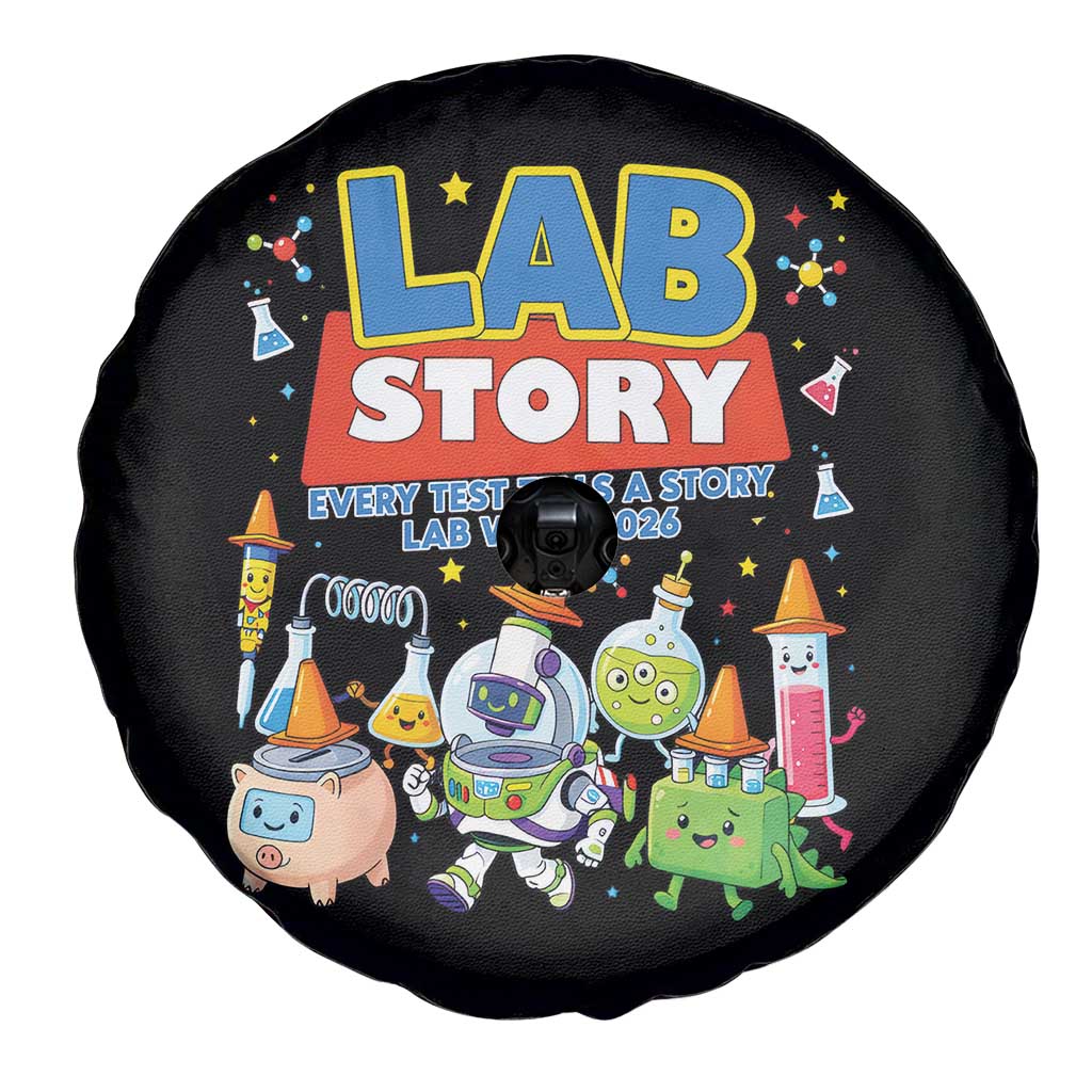 Lab Story Every Test Tells a Story Lab Week 2026 Spare Tire Cover Science Characters Lab Techs Medical Laboratory TS02 Print Your Wear