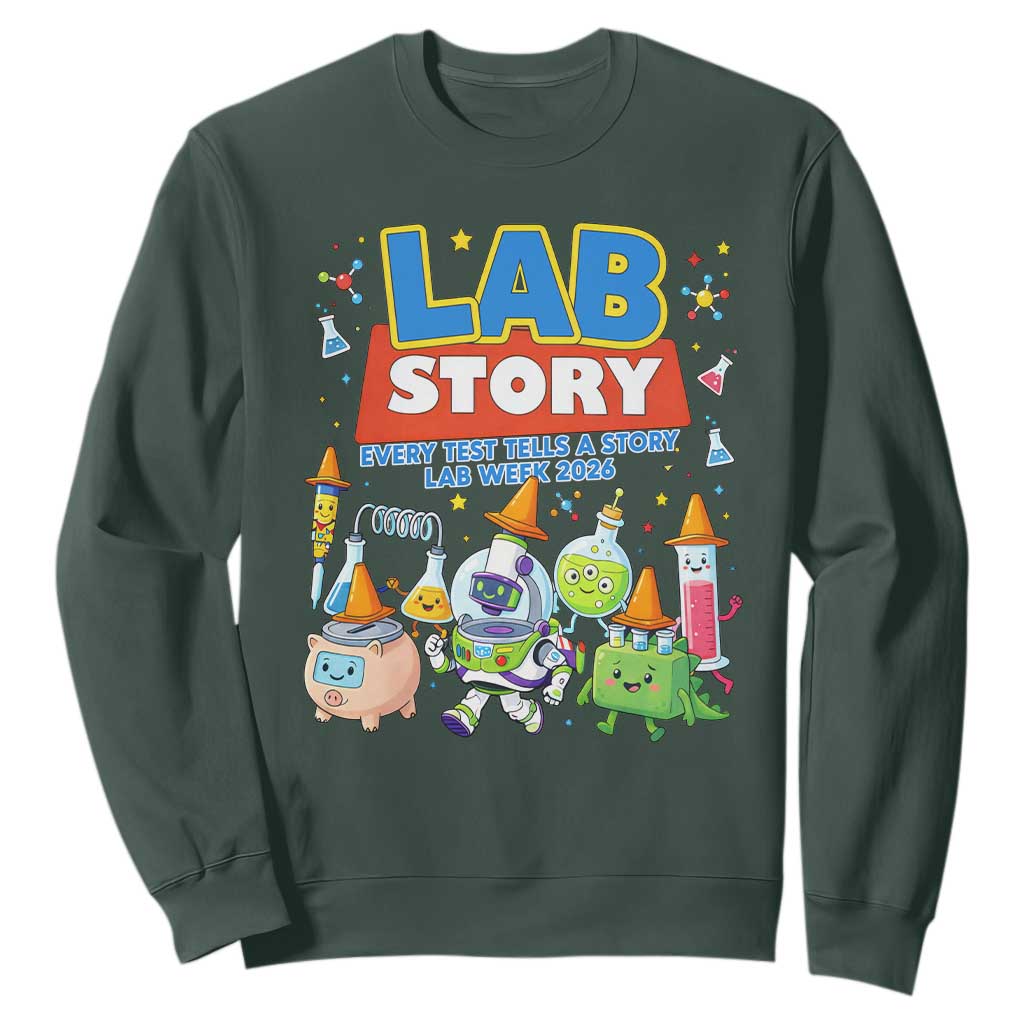 Lab Story Every Test Tells a Story Lab Week 2026 Sweatshirt Science Characters Lab Techs Medical Laboratory TS02 Dark Forest Green Print Your Wear