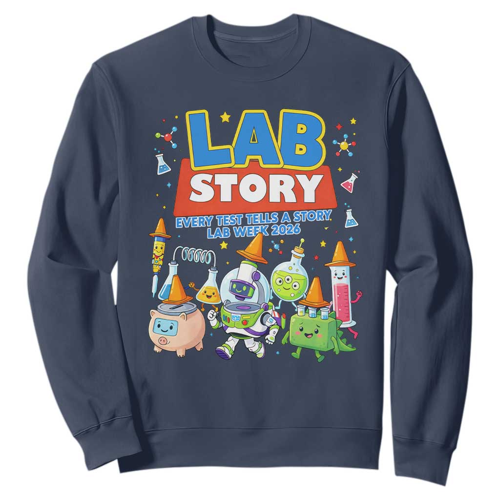 Lab Story Every Test Tells a Story Lab Week 2026 Sweatshirt Science Characters Lab Techs Medical Laboratory TS02 Navy Print Your Wear