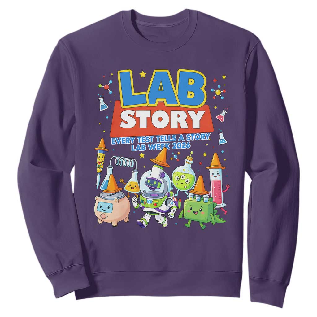 Lab Story Every Test Tells a Story Lab Week 2026 Sweatshirt Science Characters Lab Techs Medical Laboratory TS02 Purple Print Your Wear