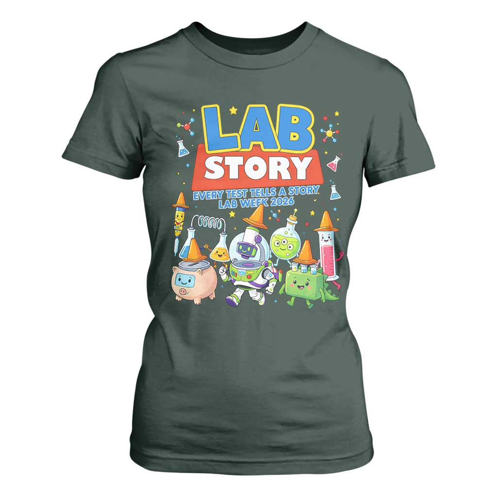 Lab Story Every Test Tells a Story Lab Week 2026 T Shirt For Women Science Characters Lab Techs Medical Laboratory TS02 Dark Forest Green Print Your Wear