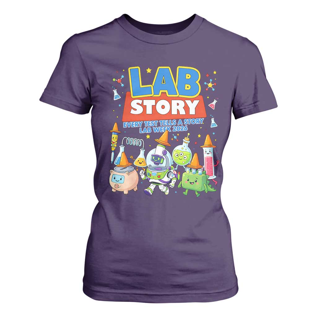 Lab Story Every Test Tells a Story Lab Week 2026 T Shirt For Women Science Characters Lab Techs Medical Laboratory TS02 Purple Print Your Wear