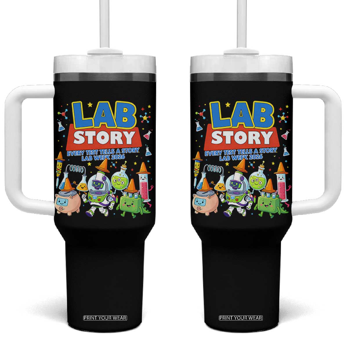 Lab Story Every Test Tells a Story Lab Week 2026 Tumbler With Handle Science Characters Lab Techs Medical Laboratory TS02 One Size: 40 oz Black Print Your Wear