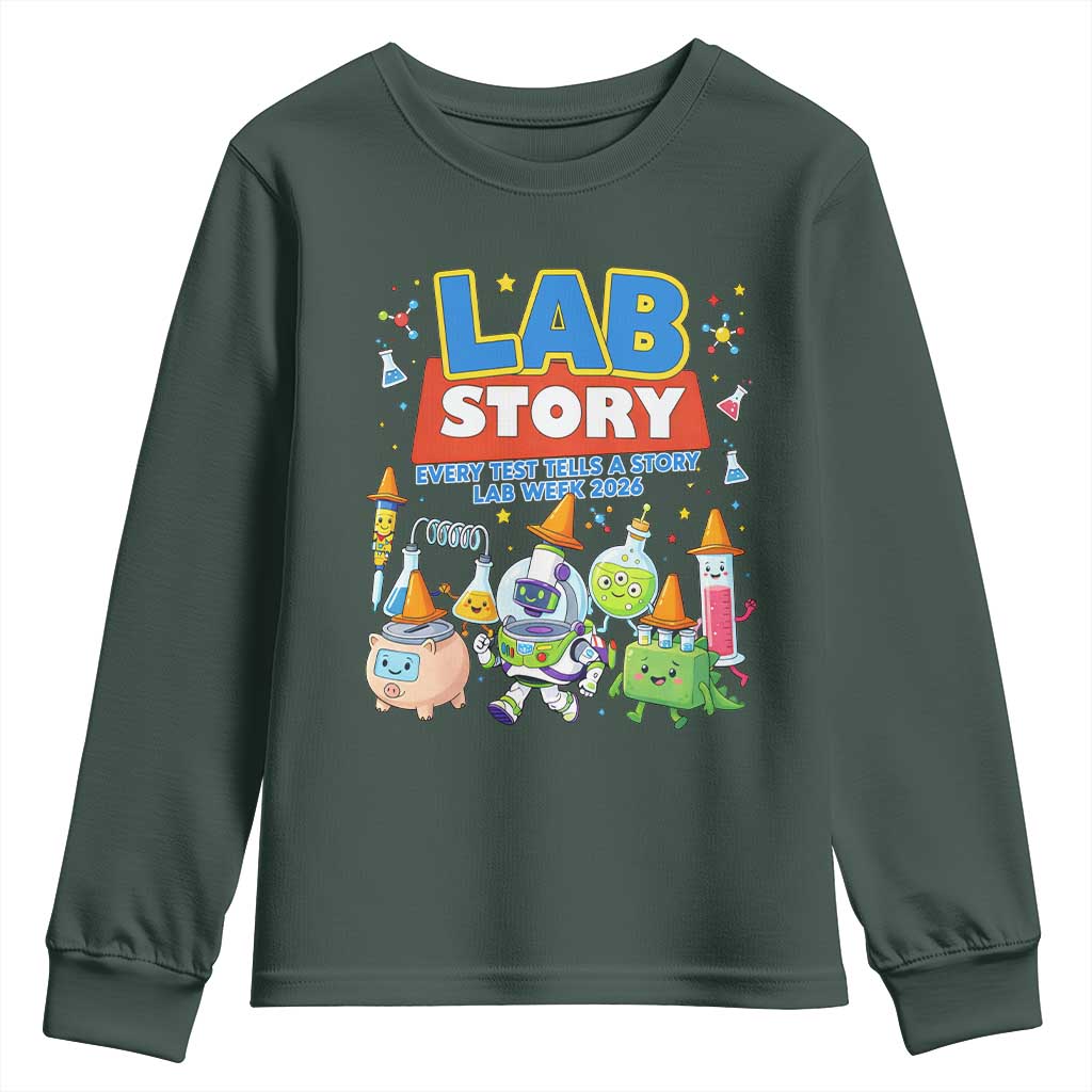 Lab Story Every Test Tells a Story Lab Week 2026 Youth Sweatshirt Science Characters Lab Techs Medical Laboratory TS02 Dark Forest Green Print Your Wear