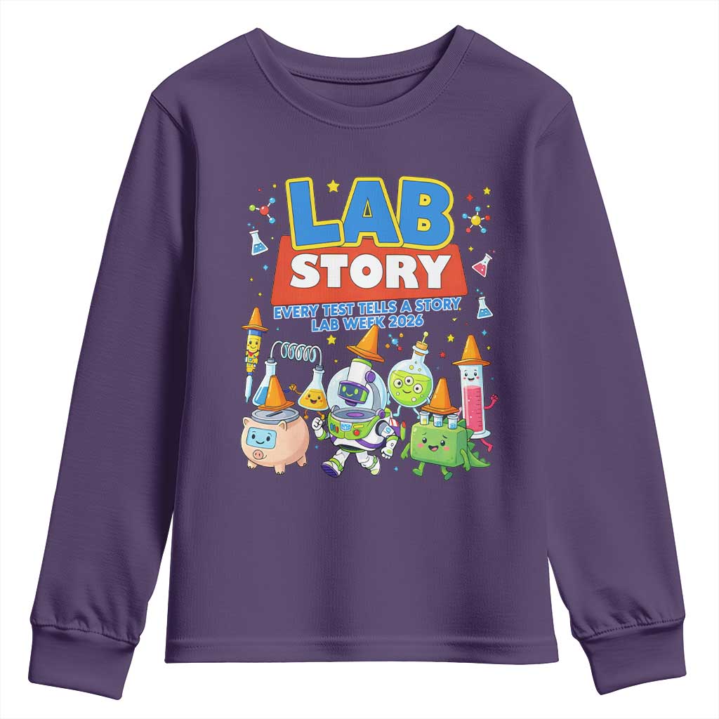 Lab Story Every Test Tells a Story Lab Week 2026 Youth Sweatshirt Science Characters Lab Techs Medical Laboratory TS02 Purple Print Your Wear