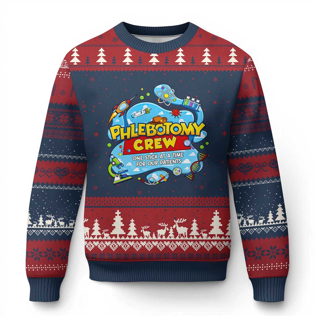 Phlebotomy Crew Lab Week 2026 Ugly Christmas Sweater One Stick At A Time Funny Phlebotomist Healthcare Lab TS02 Navy Red Print Your Wear