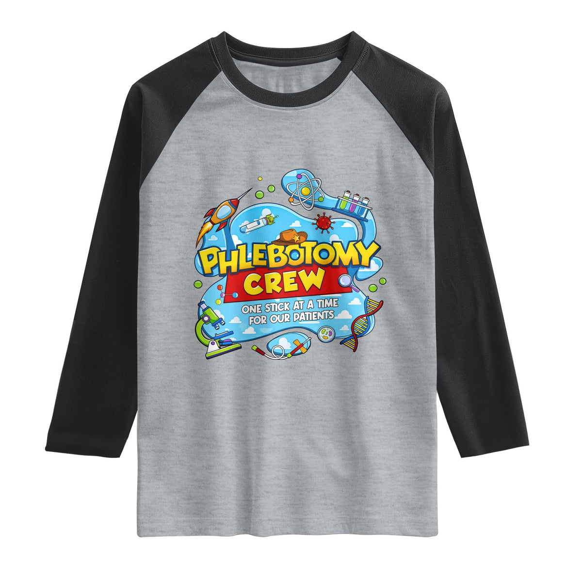Phlebotomy Crew Lab Week 2026 Raglan Shirt One Stick At A Time Funny Phlebotomist Healthcare Lab TS02 Heather Gray Black Print Your Wear