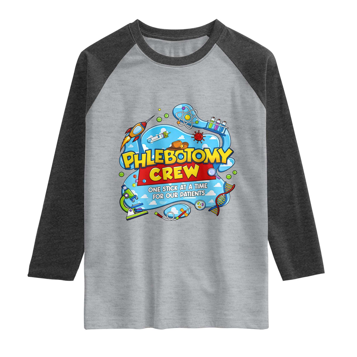 Phlebotomy Crew Lab Week 2026 Raglan Shirt One Stick At A Time Funny Phlebotomist Healthcare Lab TS02 Heather Gray Heather Charcoal Print Your Wear