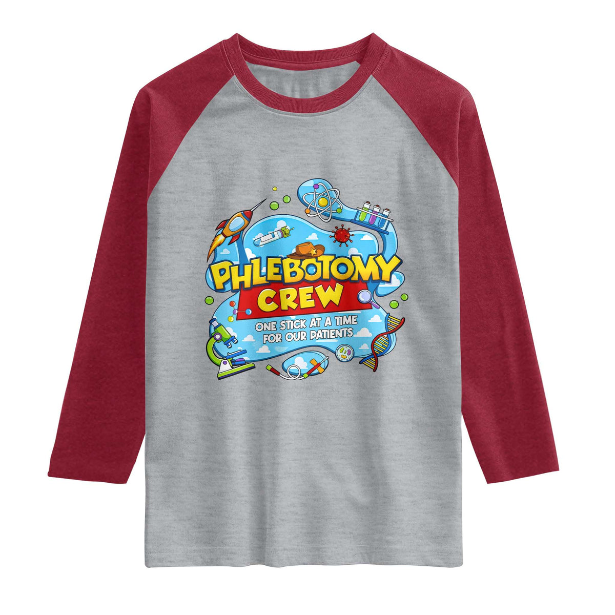 Phlebotomy Crew Lab Week 2026 Raglan Shirt One Stick At A Time Funny Phlebotomist Healthcare Lab TS02 Heather Gray Heather Red Print Your Wear