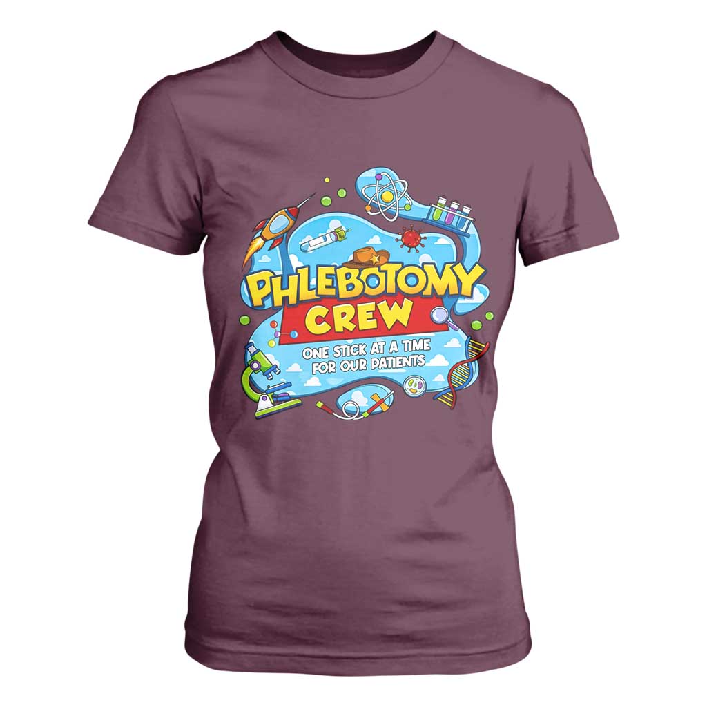 Phlebotomy Crew Lab Week 2026 T Shirt For Women One Stick At A Time Funny Phlebotomist Healthcare Lab TS02 Maroon Print Your Wear