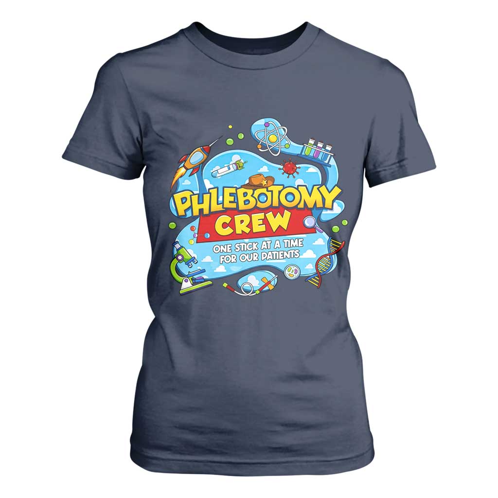 Phlebotomy Crew Lab Week 2026 T Shirt For Women One Stick At A Time Funny Phlebotomist Healthcare Lab TS02 Navy Print Your Wear