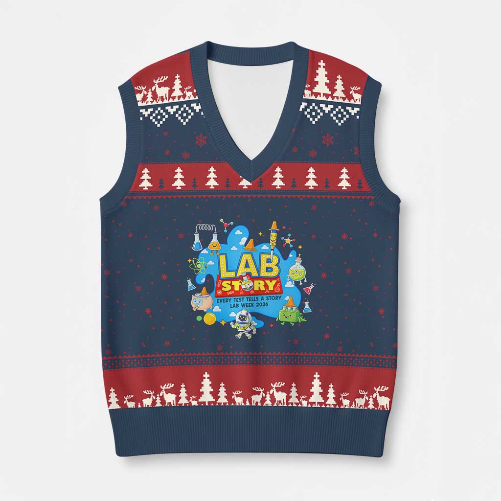 Lab Story Lab Week 2026 Celebration V-Neck Knit Sweater Vest Every Test Tells a Story Medical Lab Tech Appreciation Gift TS02 Navy Red Print Your Wear