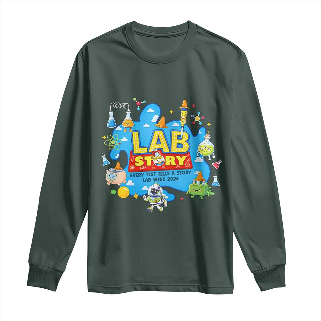 Lab Story Lab Week 2026 Celebration Long Sleeve Shirt Every Test Tells a Story Medical Lab Tech Appreciation Gift TS02 Dark Forest Green Print Your Wear