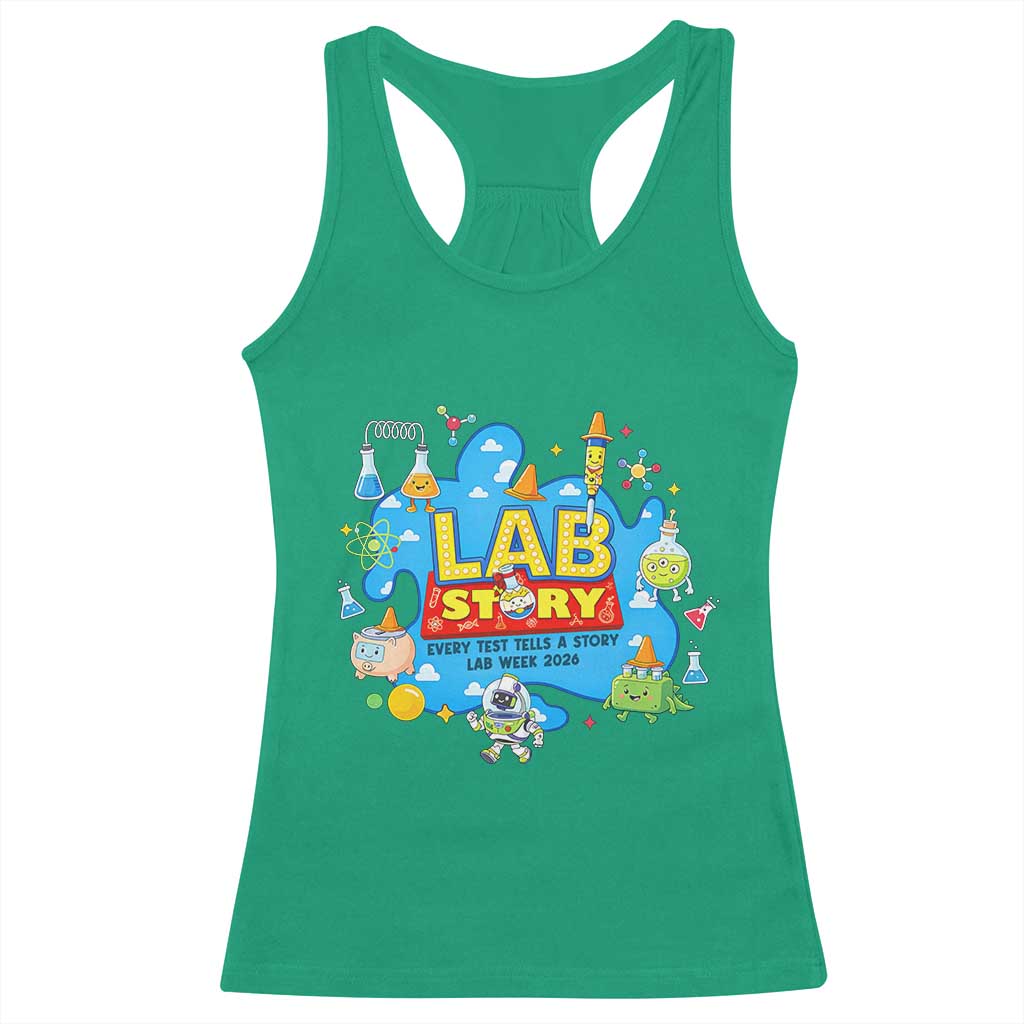 Lab Story Lab Week 2026 Celebration Racerback Tank Top Every Test Tells a Story Medical Lab Tech Appreciation Gift TS02 Irish Green Print Your Wear