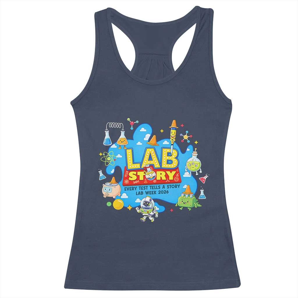 Lab Story Lab Week 2026 Celebration Racerback Tank Top Every Test Tells a Story Medical Lab Tech Appreciation Gift TS02 Navy Print Your Wear