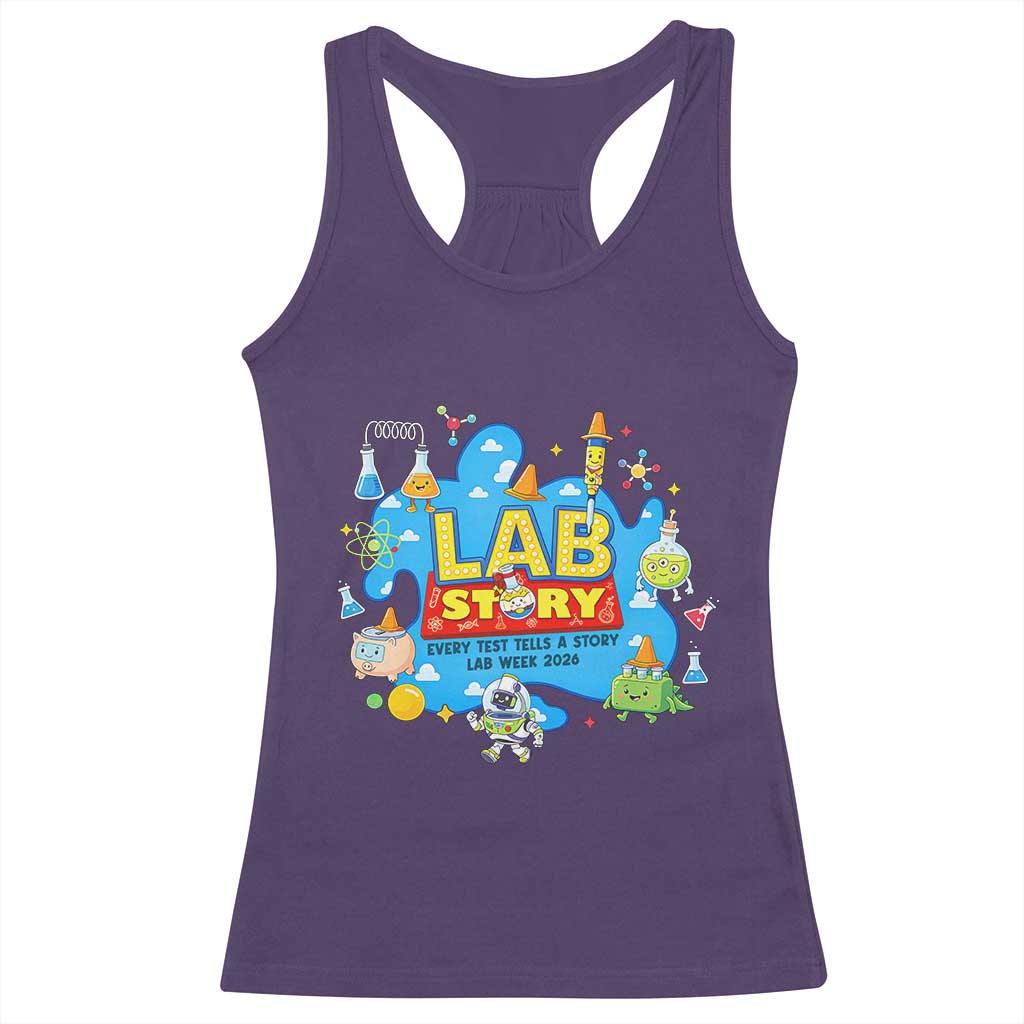 Lab Story Lab Week 2026 Celebration Racerback Tank Top Every Test Tells a Story Medical Lab Tech Appreciation Gift TS02 Purple Print Your Wear
