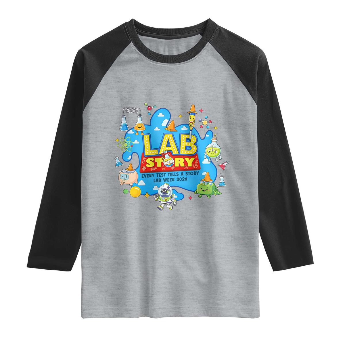 Lab Story Lab Week 2026 Celebration Raglan Shirt Every Test Tells a Story Medical Lab Tech Appreciation Gift TS02 Heather Gray Black Print Your Wear